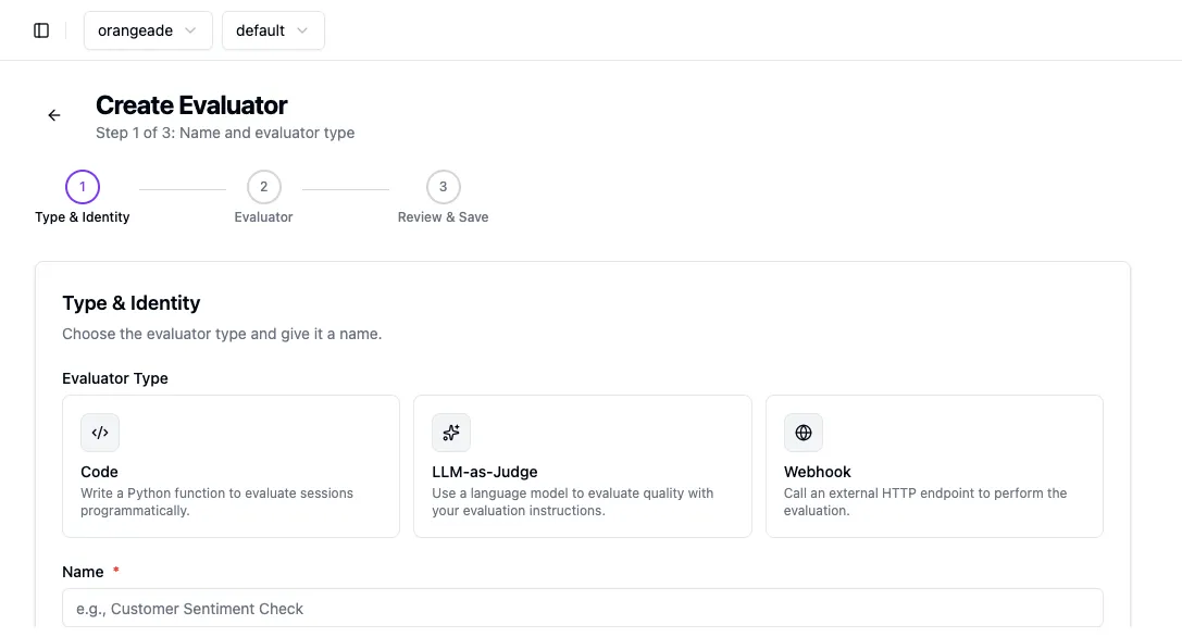 Create Evaluator — Step 1