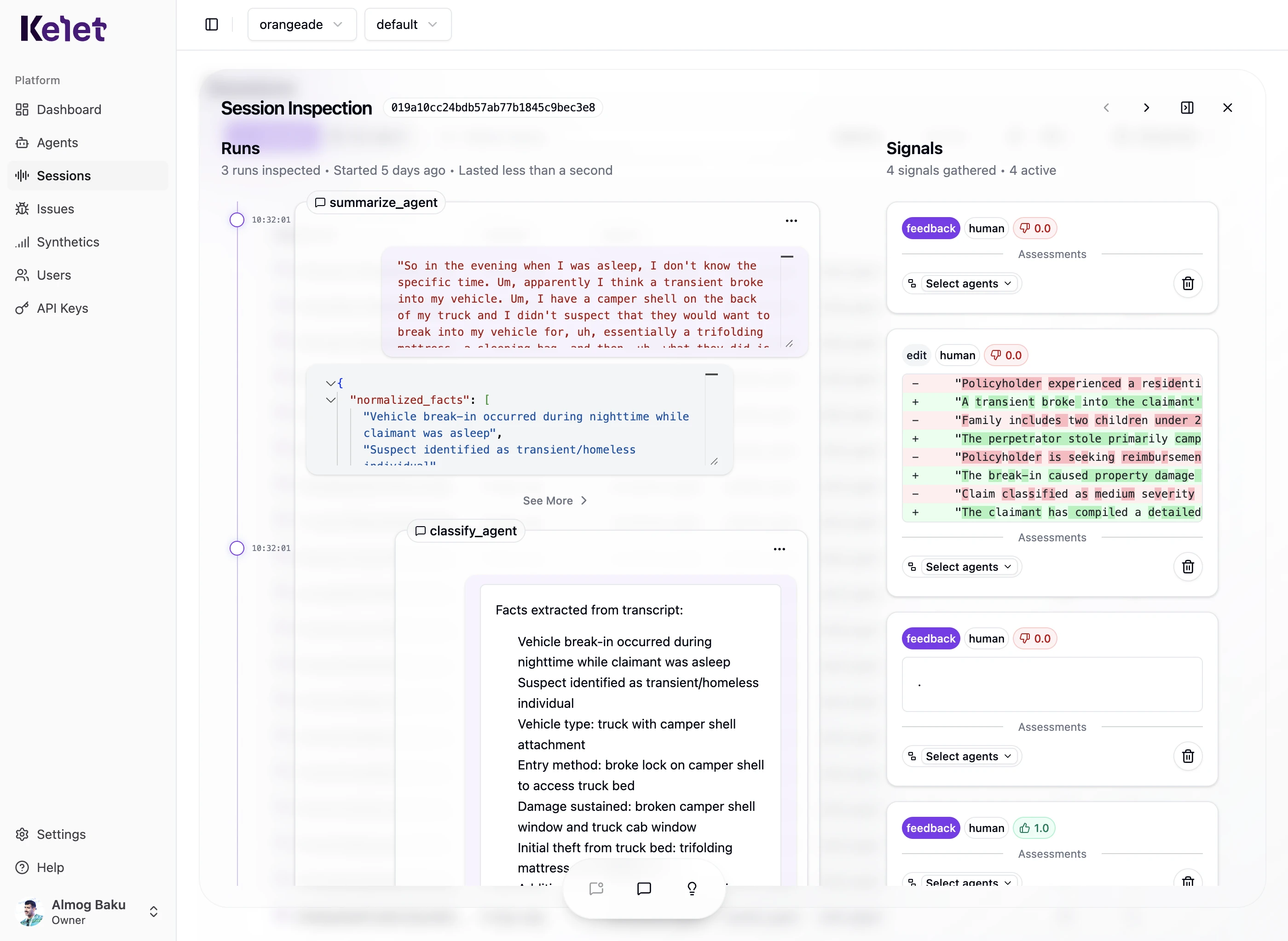 Kelet Session Inspector — trace waterfall with signals panel and root cause annotation